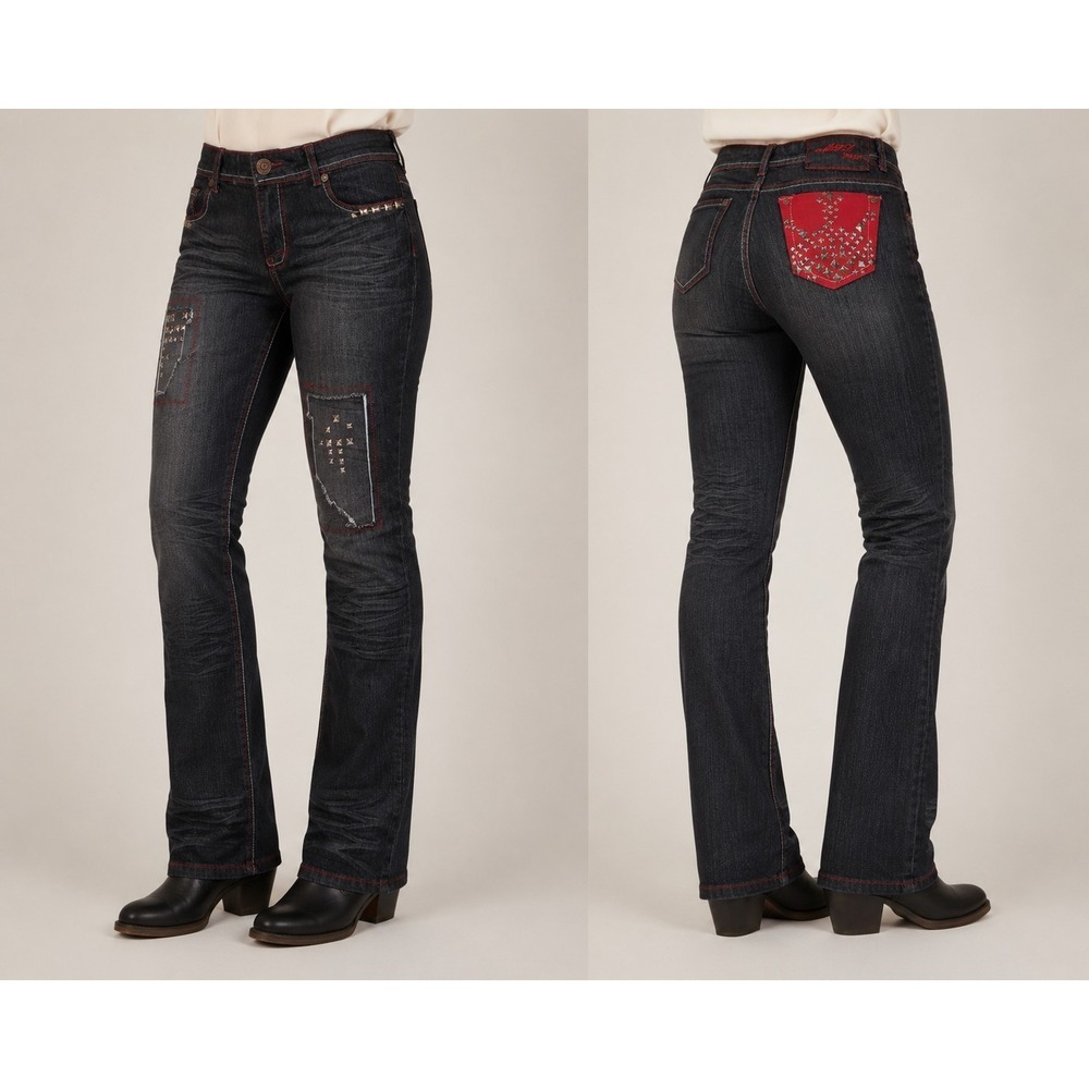MTL Jeans Women's Size 5/6 Dark Wash Studded‎ Patch Straight Bootcut Jeans Y2K